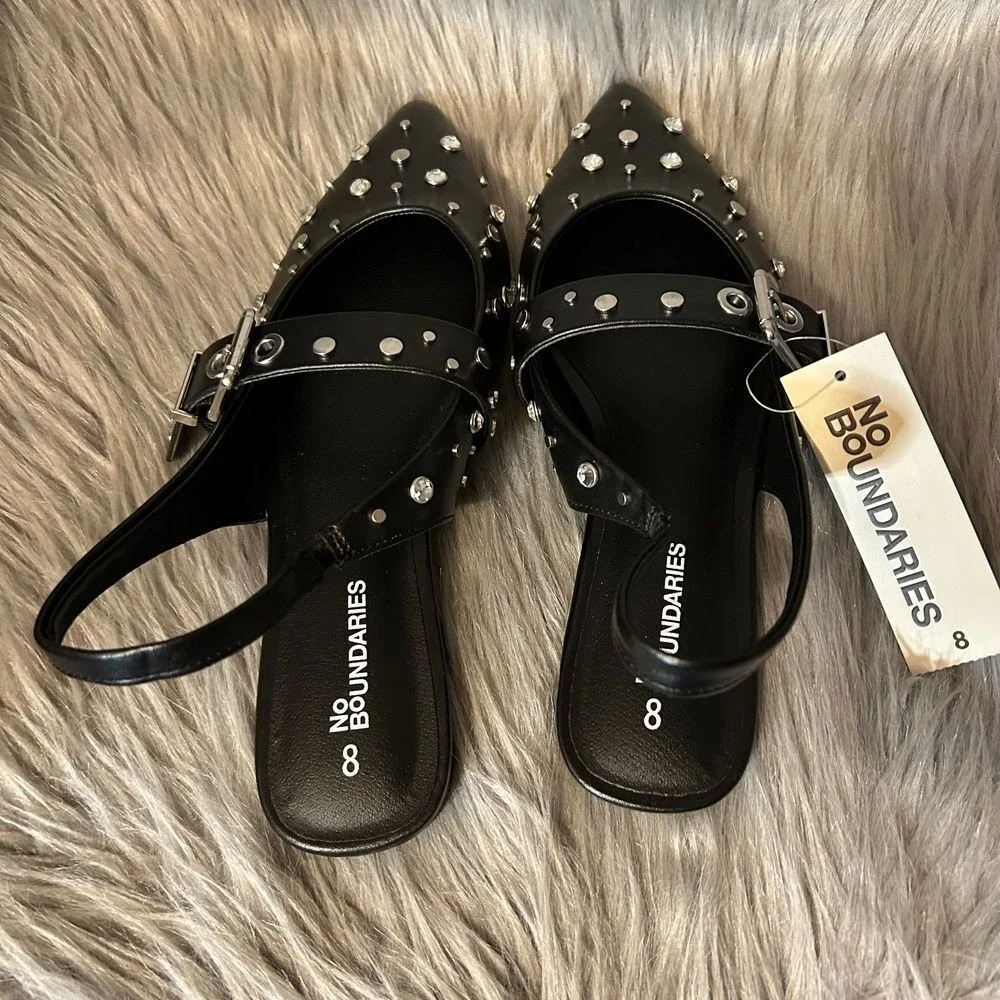 No Boundaries Studded Sling Back Flats Womens Size 8 Black Shoes Adjustable